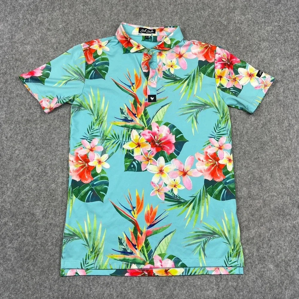 Bad Birdie Golf‎ Shirt Mens Large (Small) Colorful Tropical Floral Performance